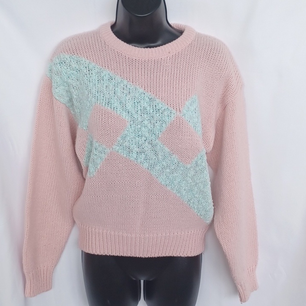 Vintage Yellow Cab Company Pink/mint Chunky Knit Sweater SZ M, 20"PTP, 21"L